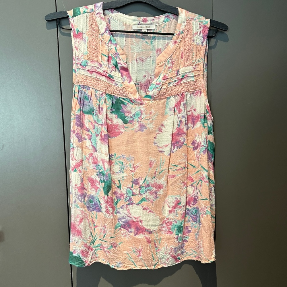 Pretty peach, pink, green, blue, white sleeveless blouse